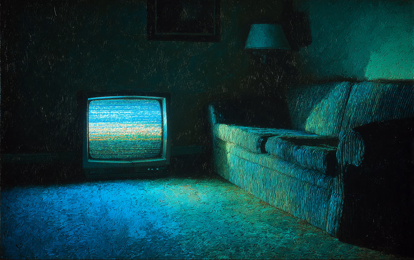 A painting of a CRT screen showing a horizontal band of video noise across a paused frame, the room dark around it.