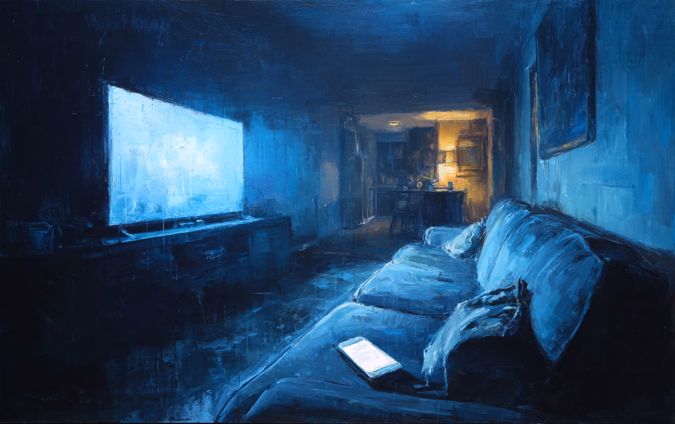 A painting of a dark room with a large screen glowing at one end and a small bright phone screen in the foreground.