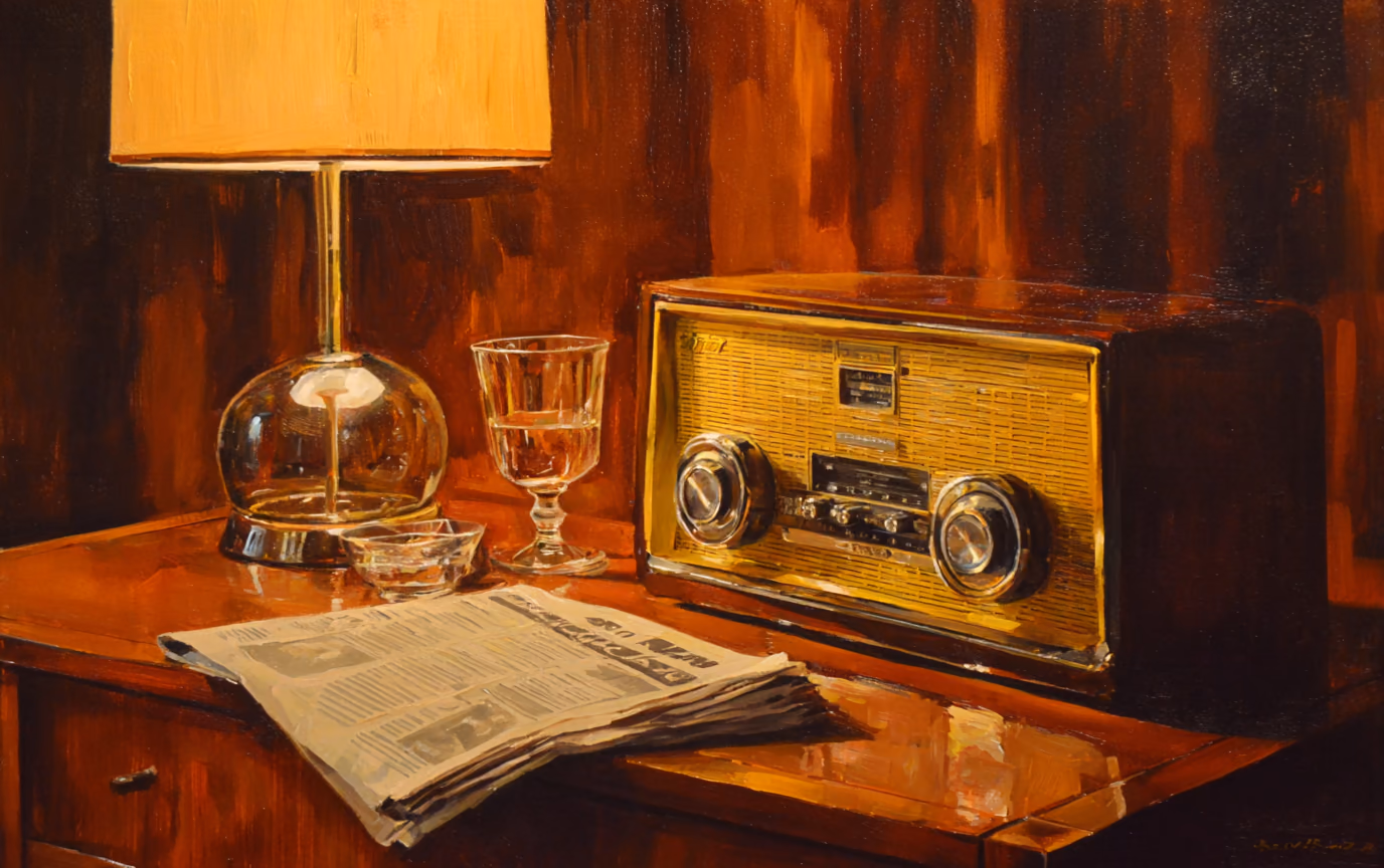 A gold-toned 1950s ultrasonic television remote lying on a walnut side table beside a folded newspaper, lit by a single warm lamp.