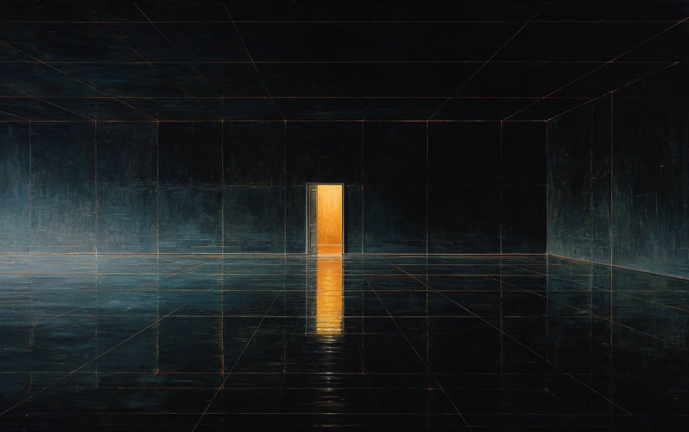 A painting of a dark empty room with a faint grid of light on the walls and a single lit doorway.