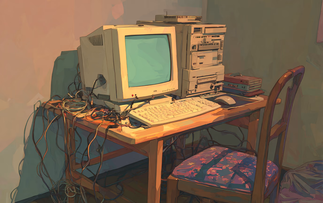 A painting of a beige 1990s desktop computer and CRT monitor on a desk in a dark bedroom.