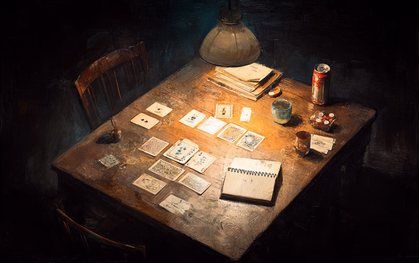 A painting of a worn kitchen table from above with two facing play areas, cards laid in rows, a notepad keeping score.