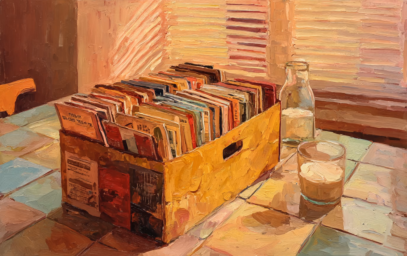 A painting of an open shoebox packed with sorted trading cards on a kitchen table.