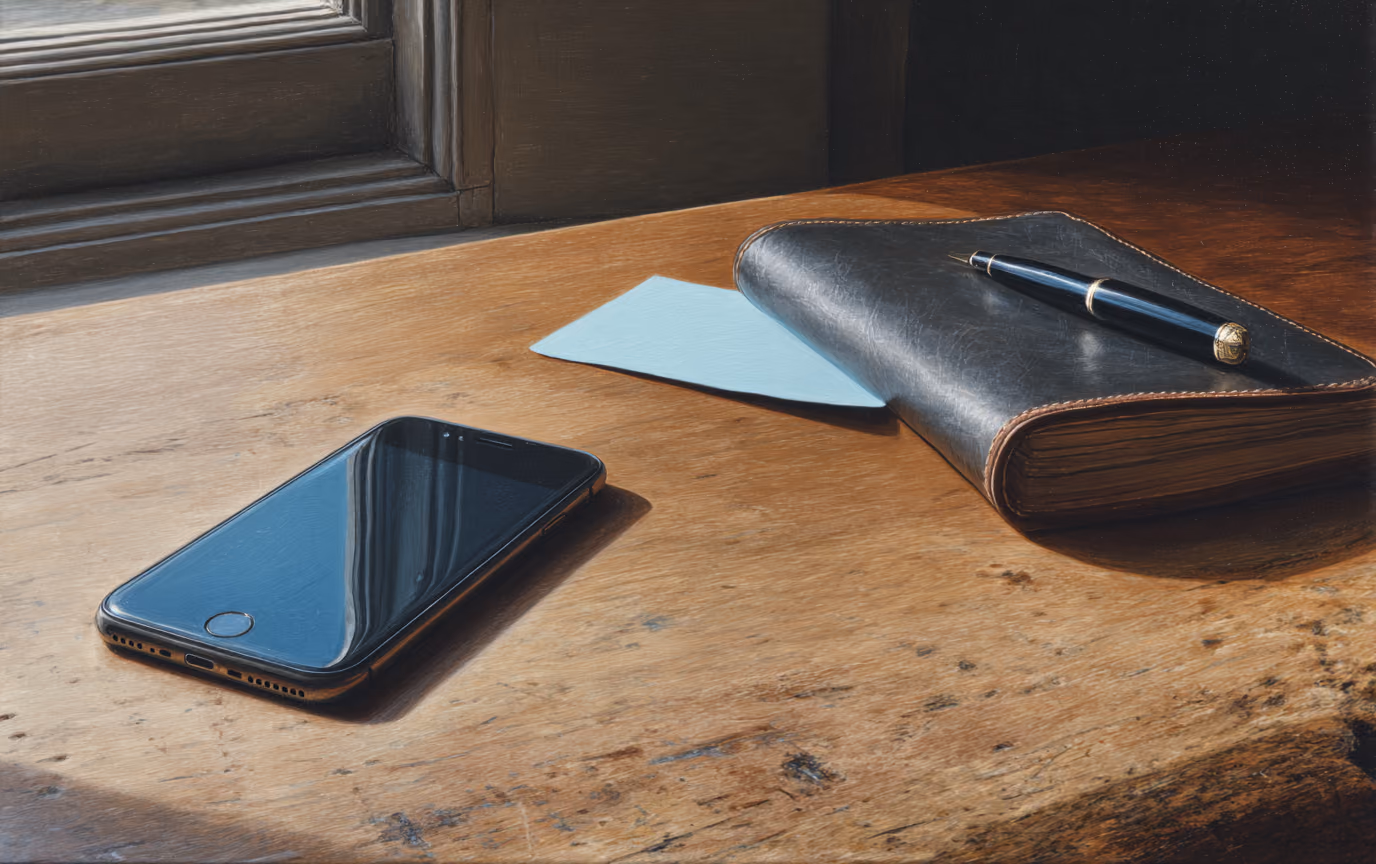 A painting of a phone lying face down on a wooden desk beside a closed notebook.