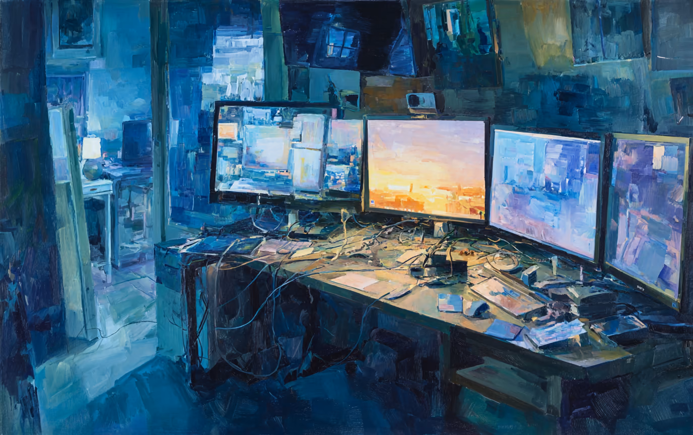 A painting of a desk with three monitors and a television all showing different content in a dark room.