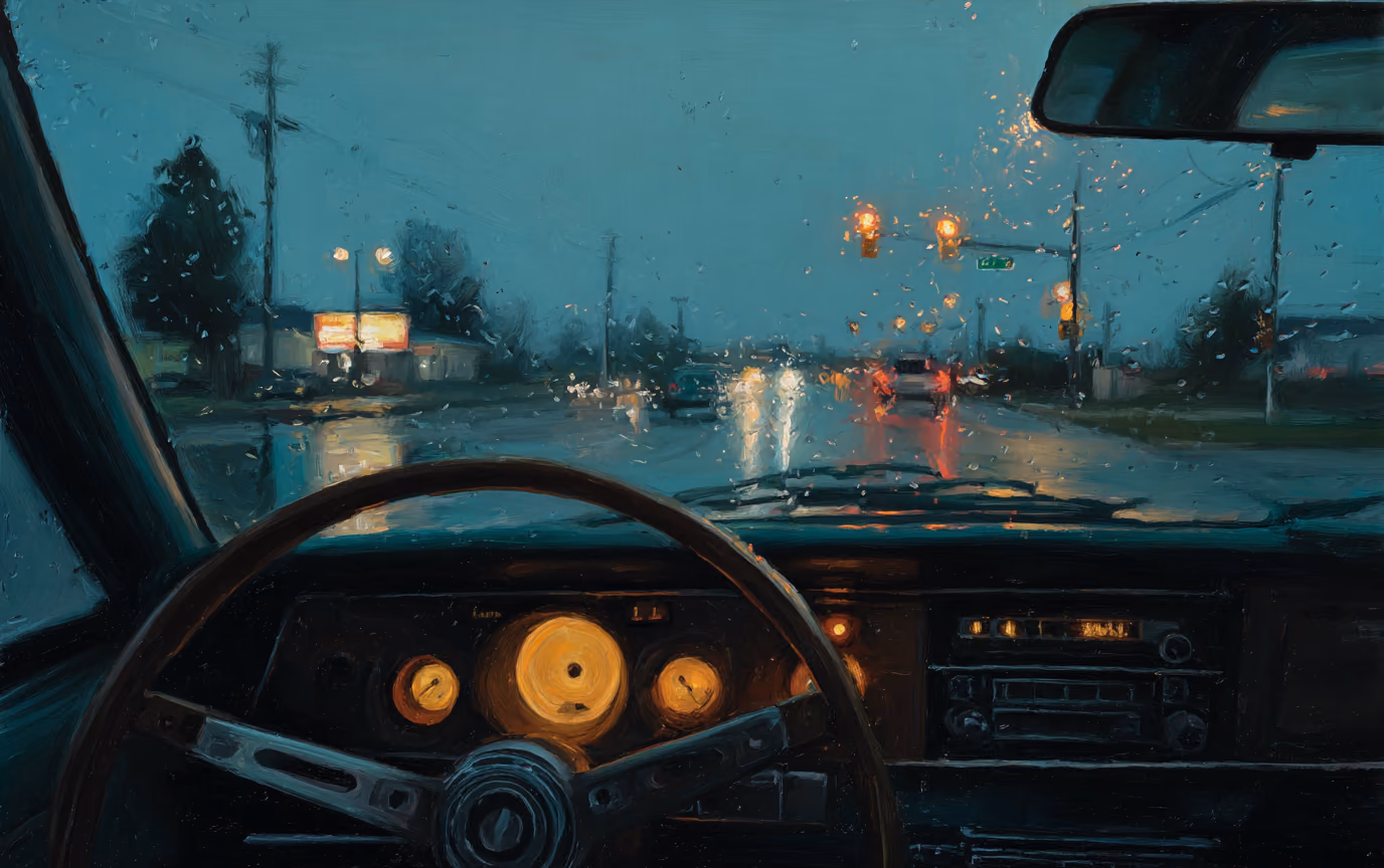 A painting of a car dashboard at dusk looking out at a rain-wet intersection, the radio panel glowing amber.