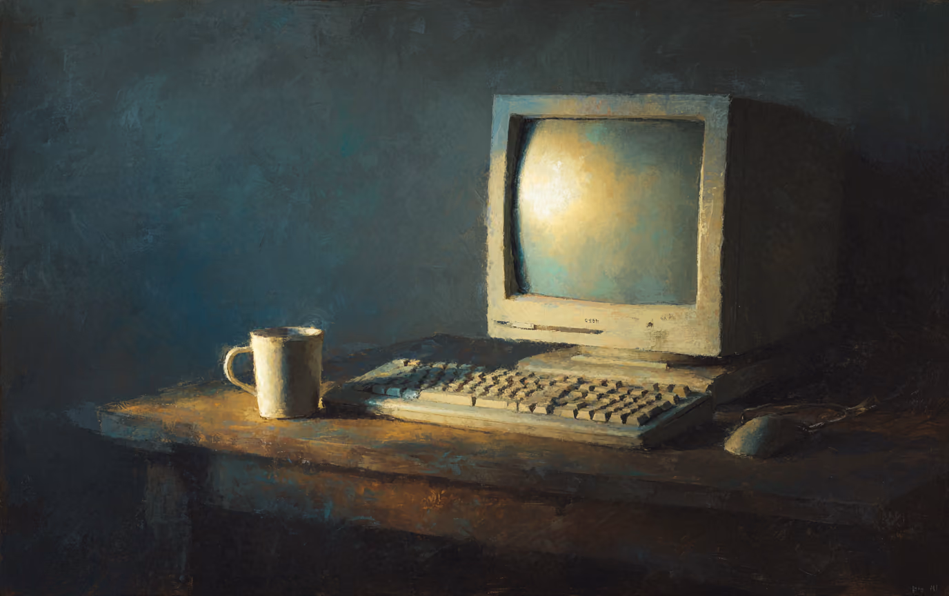 A painting of a single CRT monitor glowing on an otherwise empty desk in a dark room.
