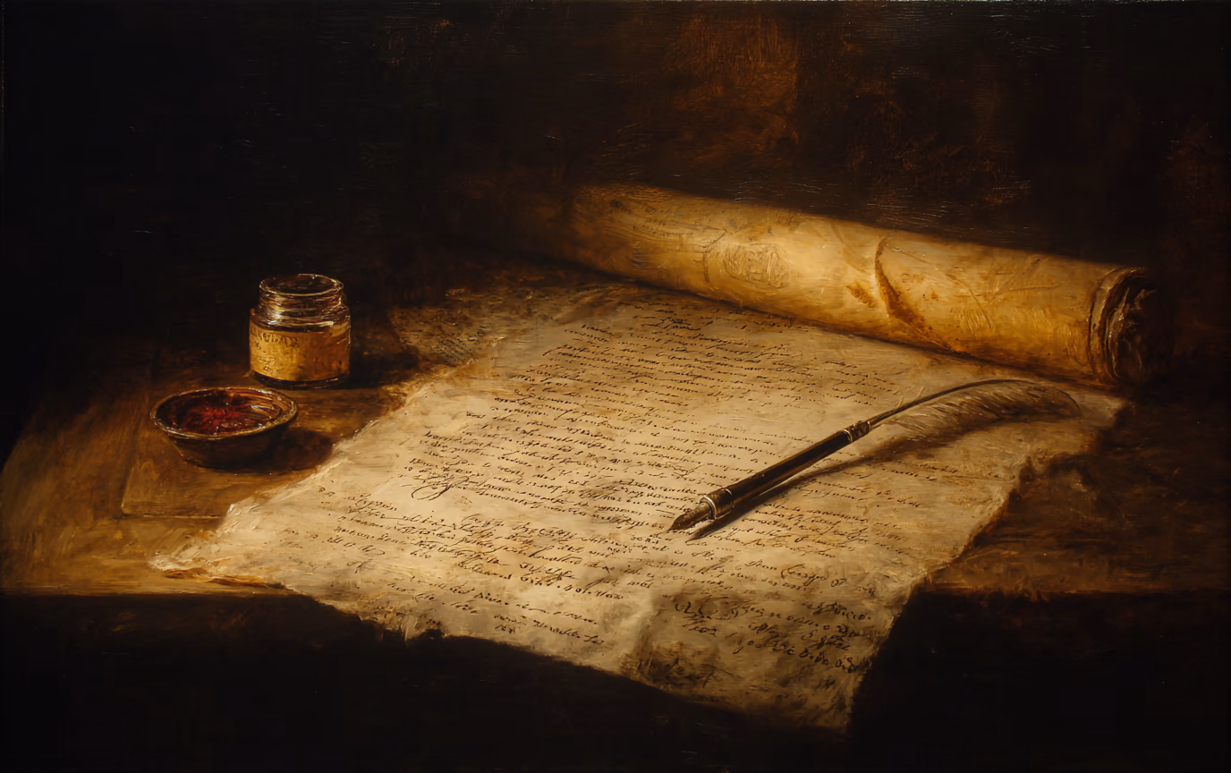 A chiaroscuro oil study of a handwritten document lying in a pool of light, a quill resting across it, an inkwell and a dish of red sealing wax beside it, everything else in deep brown darkness.